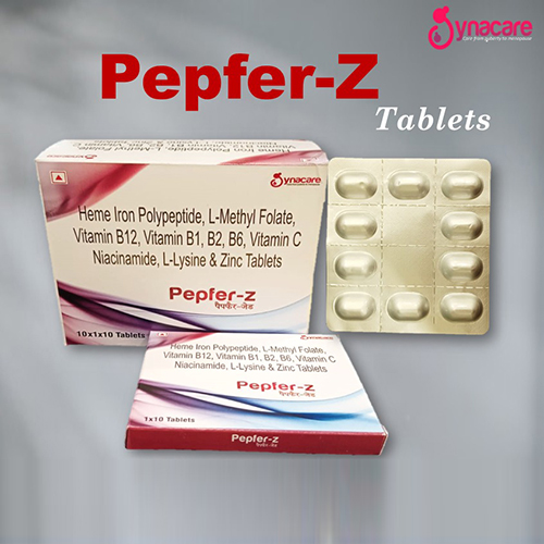 Product Name: Peper Z, Compositions of Peper Z are Heme Iron Polypeptide, L-Methyl Folate, Vitamin B12, Vitamin B1, B2, B6, Vitamin C Niacinamide, L-Lysine & Zinc Tablets - BSA Pharma Inc
