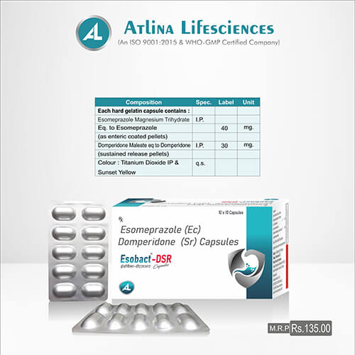 Product Name: Esobact DSR, Compositions of Esobact DSR are Esomeprazole (EC) & Domperidone (SR) Capsules - Atlina LifeSciences Private Limited