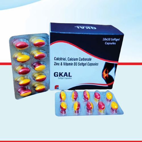 Product Name: GKAL, Compositions of GKAL are Calcitriol, Calcium Carbonate Zinc & Vitamin D3 Sottgel Capsules - Healthkey Life Science Private Limited