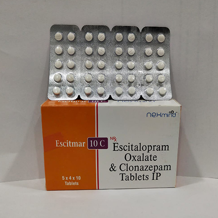 Product Name: Escitmar 10 C, Compositions of Escitmar 10 C are Escitalopram Oxalate & Clonazepam Tablets IP - Nexmind Pharmaceuticals