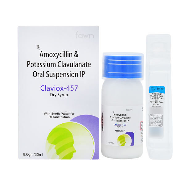 Product Name: CLAVIOX 457, Compositions of CLAVIOX 457 are Amoxycillin 400 mg.+ Potassium Clavulanate Acid 57 mg. with Water - Fawn Incorporation