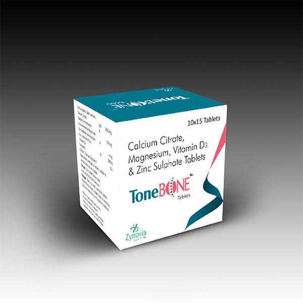 Product Name: ToneBONE, Compositions of ToneBONE are Calcium citrate magnesium vitamin D3 & Zinc Sulphate tablets - Zynovia Lifecare