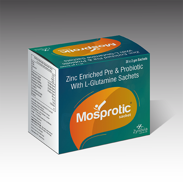 Product Name: Mosprotic Sachet, Compositions of Mosprotic Sachet are Zinc Enriched Pre & Probiotic With L-Glutamine Sachets - Zynovia Lifecare