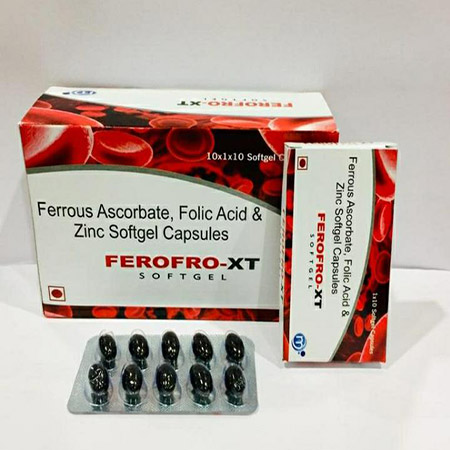 Product Name: Ferofro XT, Compositions of Ferofro XT are Ferrous Ascrobate, Folic Acid & Zinc Softgel Capsules - Medilente Pharma Private Limited