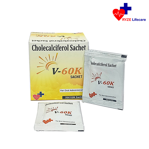Product Name: V 60 k, Compositions of V 60 k are Cholecalciferol Sachets - Ryze Lifecare