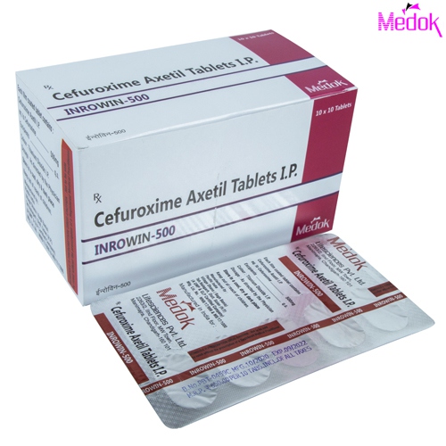 Product Name: Inrowin 500, Compositions of Inrowin 500 are Cefuroxime Axetil 500 mg (Alu-Alu) - Medok Life Sciences Pvt. Ltd