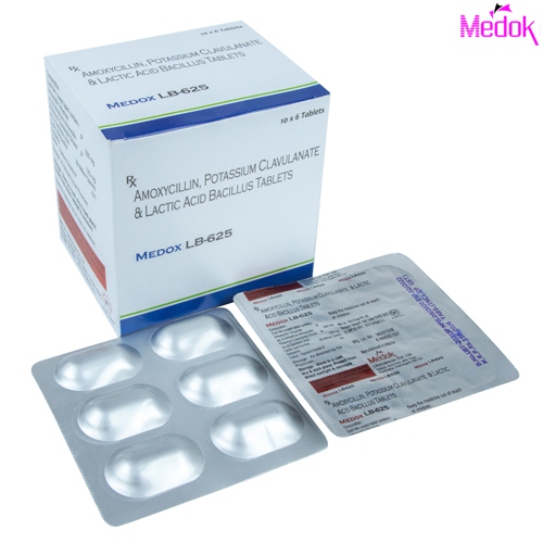 Product Name: Medox LB 625, Compositions of Medox LB 625 are Amoxycillin potassium  clavulanate & lactic acid bacillus tablets - Medok Life Sciences Pvt. Ltd