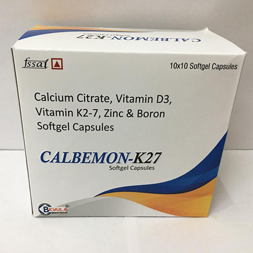Product Name: Calbemon k27, Compositions of Calbemon k27 are Calcium Citrate, Vitamin D3, Vitamin K2-7, Zinc And Boron Softgel Capsules - Bkyula Biotech