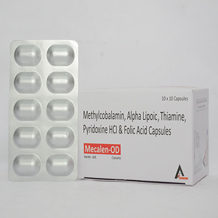 Product Name: MECALEN OD, Compositions of MECALEN OD are Methylcobalamin, Alpha Lipoic, Thiamine, Pyridoxine HCL & Folic Acid Capsules - Alencure Biotech Pvt Ltd