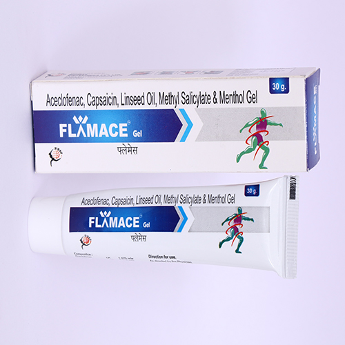 Product Name: FLAMACE, Compositions of FLAMACE are Aceclofenac, Capsaicin, Linseed Oil, Methyl Salicylate & Menthol Gel - Biomax Biotechnics Pvt. Ltd