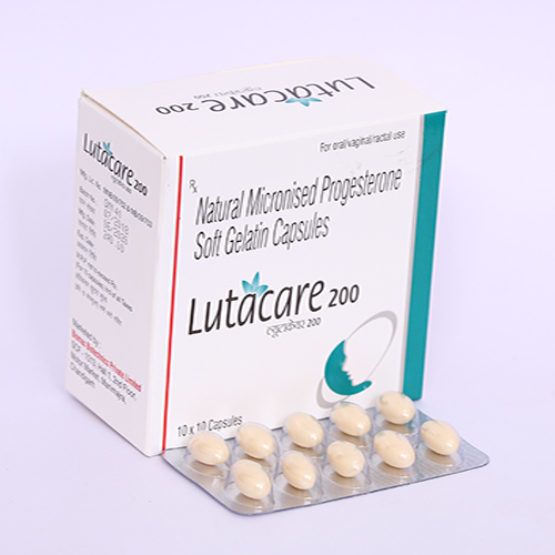 Product Name: LUTACARE 200, Compositions of LUTACARE 200 are Natural Micronised Progesterone Soft gel Capsules - Biomax Biotechnics Pvt. Ltd