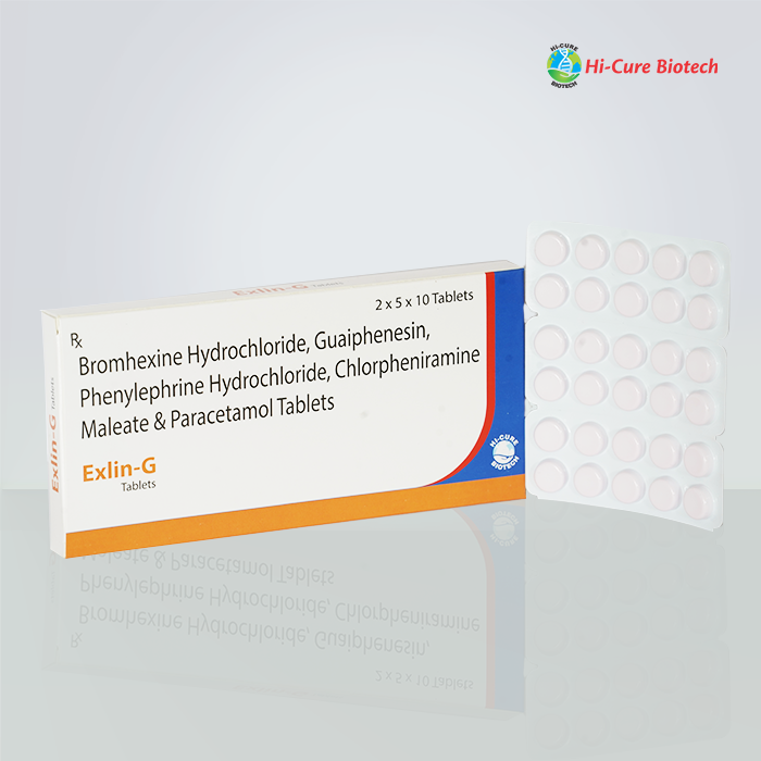 Product Name: EXLIN G , Compositions of EXLIN G  are BROMHEXINE HYDROCHLORIDE 8MG + GUAIPHENESIN 50MG +PHENYLEPHRINE HYDROCHLORIDE 5MG + CHLORPHENIRAMINE MALEATE 2MG + PARACETAMOL 325MG - Reomax Care