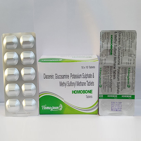 Product Name: Homobone, Compositions of are Diacereine,Glucosamine Sulfate Potassium& Methyl Sulphonyl Methane Tablets - Abigail Healthcare