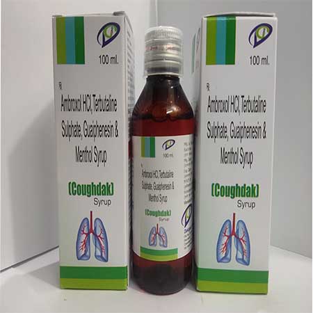 Product Name: Caughdak, Compositions of Caughdak are Ambroxol Hcl,Terbutaline,Guaiphenesin Sulphate & Menthol Syrup - Dakgaur Healthcare