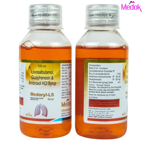 Product Name: Medoryl LS, Compositions of Medoryl LS are Levosalbutamol guaiphenesin  and ambroxol HCI syrup - Medok Life Sciences Pvt. Ltd