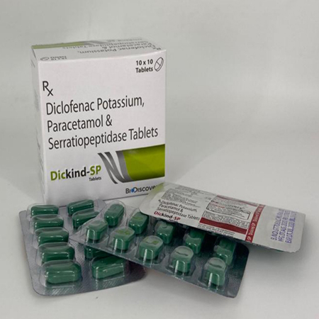 Product Name: Dickind SP, Compositions of Dickind SP are Diclofenac Potassium, Paracetamol &Serratiopeptidase Tablets - Biodiscovery Lifesciences Pvt Ltd