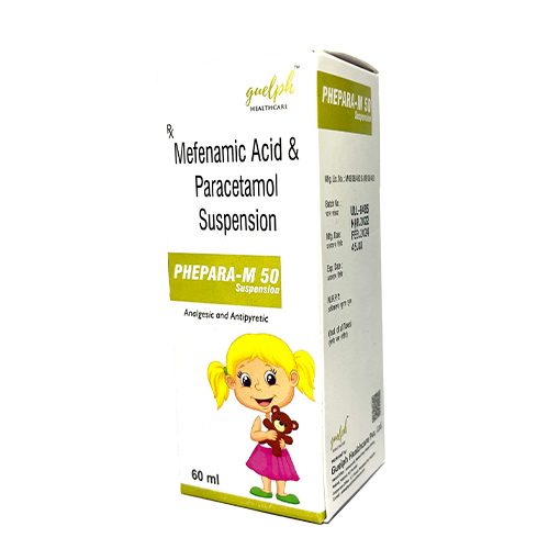 Product Name: Phepara M 50, Compositions of Phepara M 50 are Mefenamic Acid & Paracetamol Suspension - Guelph Healthcare Pvt Ltd