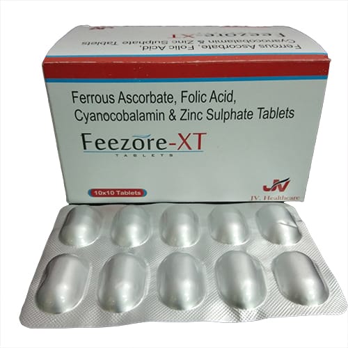 Product Name: FEEZORE XT Tablets, Compositions of FEEZORE XT Tablets are  Ferrous ascorbate 100mg  - folic acid 5mg  - zinc 7.5mg - JV Healthcare