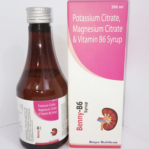 Product Name: BENNY B6 Syrup, Compositions of BENNY B6 Syrup are Potassium Citrate Magnesium Citrate 375 mg  vitamin B6 20 mg - JV Healthcare