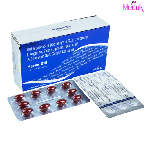 Product Name: Mecony Q10, Compositions of Mecony Q10 are Lycopene, Coenzyme Q10,Selenium, L-Arginine , Zine , Foil - Medok Life Sciences Pvt. Ltd