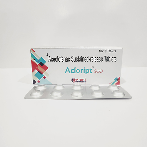 Product Name: Acloript 200, Compositions of Acloript 200 are Aceclofenac sustained release tablets - Kript Pharmaceuticals