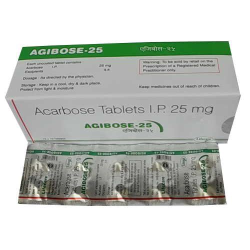 Product Name: Agibose 25, Compositions of Agibose 25 are Acarbose Tablets IP 25mg - Lifecare Neuro Products Ltd.