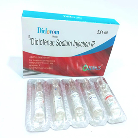 Product Name: DICLOVOM, Compositions of DICLOVOM are Diclofenac Sodium Injection IP - Ozenius Pharmaceutials