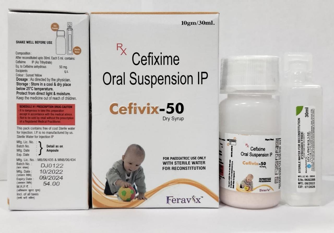 Product Name: CEFIVIX 50 Dry Syrup, Compositions of CEFIVIX 50 Dry Syrup are CEFIXIME 50MG - Feravix Lifesciences
