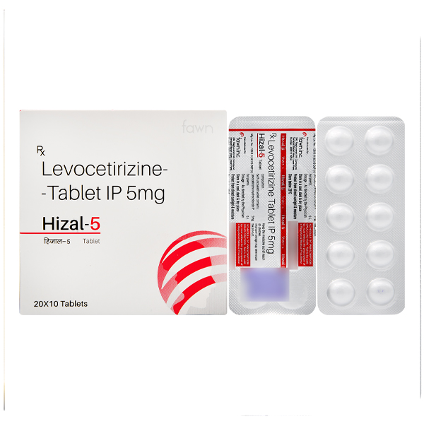 Product Name: HIZAL 5, Compositions of HIZAL 5 are Levocetirizine Hydrochloride I.P. 5 mg. - Fawn Incorporation