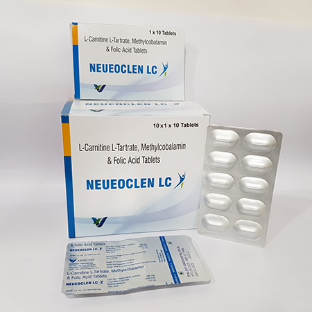 Product Name: Neuceoclen lc, Compositions of Neuceoclen lc are L-Carnitine L-Tartrate, Methylcobalamin & Folic Acid Tablets. - Vindcare Lifesciences