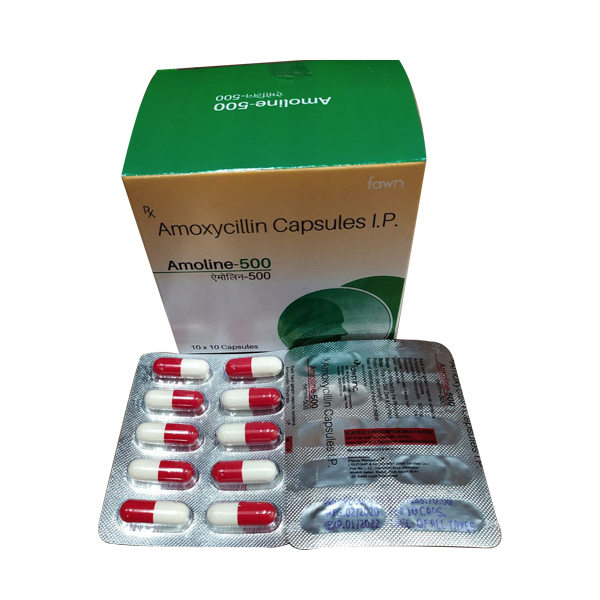 Product Name: AMOLINE 500, Compositions of AMOLINE 500 are Amoxycillin 500 mg - Fawn Incorporation