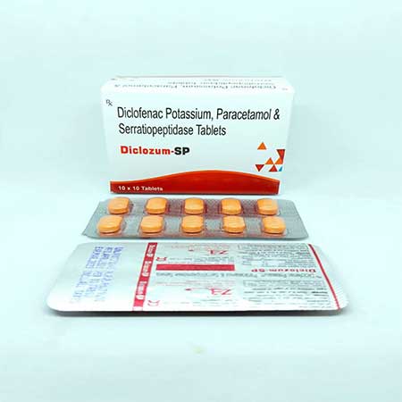 Product Name: Diclozum SP, Compositions of Diclozum SP are Diclofenac Potassium Paracetamol & Serratiopeptiside Tablets - Zumax Biocare