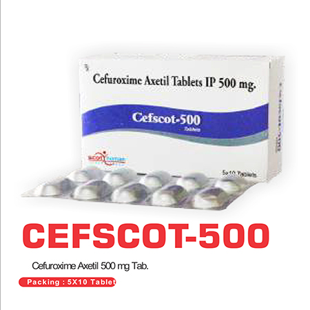 Product Name: Cefscot 500, Compositions of Cefscot 500 are Cefuroxime Axetil Tablets IP 500mg - Scothuman Lifesciences