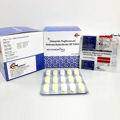 Product Name: Mytopride PG2, Compositions of Glimepiride,Pioglitazone & Metfortin Hydrochloride (SR) Tablets are Glimepiride,Pioglitazone & Metfortin Hydrochloride (SR) Tablets - Cardimind Pharmaceuticals