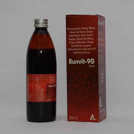Product Name: RUNVIT 9G, Compositions of RUNVIT 9G are Soft Gelatin Capsules of Omega 3 Fatty Acids, Green Tea Extract, Ginkgo Biloba, Gingseng, Grapeseed Extract, Antioxidants Vitamins, Minerals & Trace Elements - Alencure Biotech Pvt Ltd