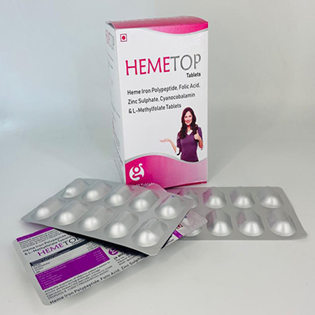 Product Name: Hemetop, Compositions of Hemetop are Heme Iron Polypeptide Folic Acid, Zinc Sulphate, Cyanocobalmin & L-Methylcobalamin Tablets - Biodiscovery Lifesciences Pvt Ltd