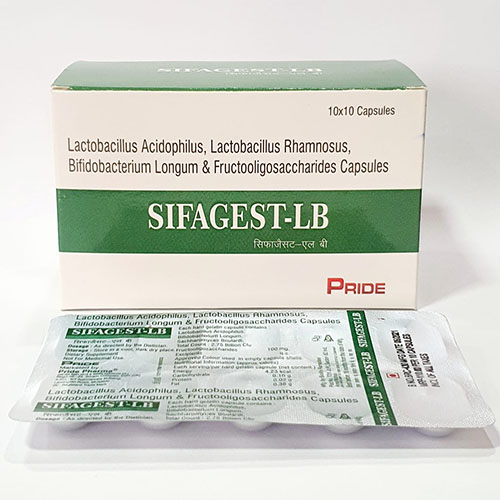 Product Name: Sifagest LB, Compositions of Sifagest LB are Lactobacillus Acidophillius,Lactobacillus Rhamnosus Lactobacillus Sporogonos,Lactobacillus Paracetamol,Bifidobacterium Bifidum,Saccharomyces Baulardil Inulin & FOS Capsules - Pride Pharma