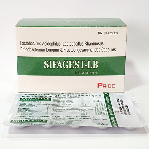 Product Name: Sifagest LB, Compositions of Lactobacillus Acidophillius,Lactobacillus Rhamnosus Lactobacillus Sporogonos,Lactobacillus Paracetamol,Bifidobacterium Bifidum,Saccharomyces Baulardil Inulin & FOS Capsules are Lactobacillus Acidophillius,Lactobacillus Rhamnosus Lactobacillus Sporogonos,Lactobacillus Paracetamol,Bifidobacterium Bifidum,Saccharomyces Baulardil Inulin & FOS Capsules - Pride Pharma