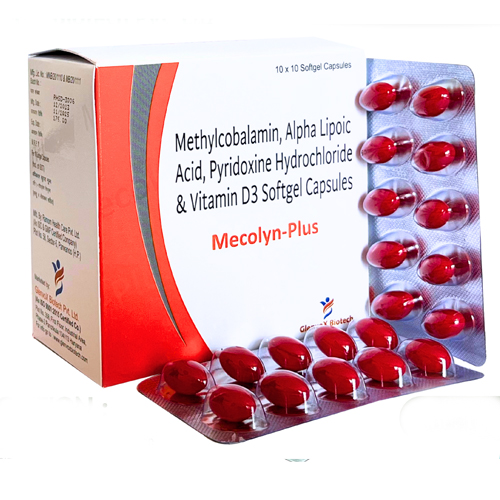 Product Name: Mecolyn Plus, Compositions of Mecolyn Plus are Methylcobalamin, Alpha Lipoic Acid,  Pyridoxine Hydrochloride &  Vitamin D3 Softgel Capsules - Glenvox Biotech Private Limited