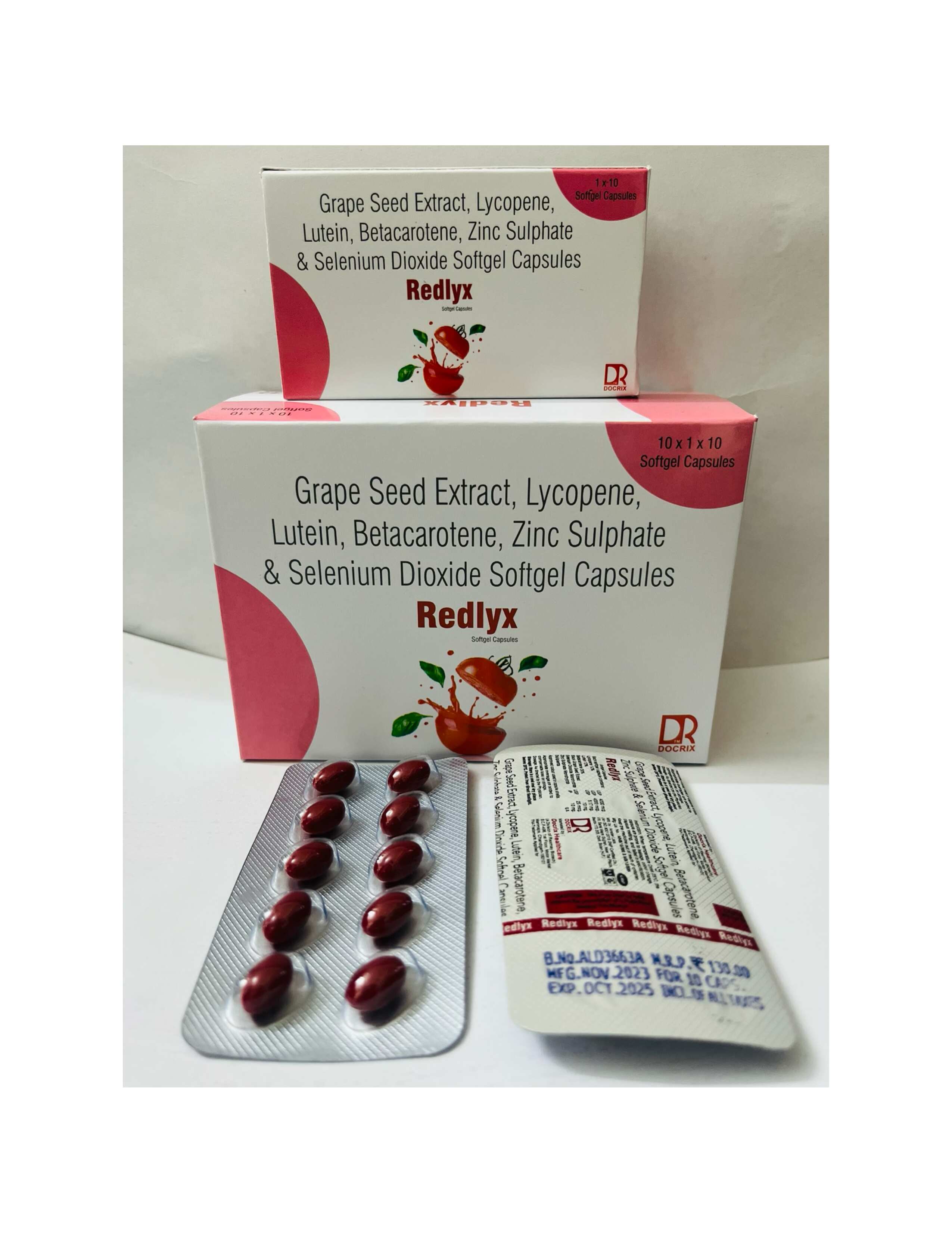 Product Name: Redlyx, Compositions of Redlyx are Grape Seed Extract, Lycopene, Lutein, Betacarotene, Zine Sulphate &Setenium Dioxide Softgel Capsules - Docrix Healthcare
