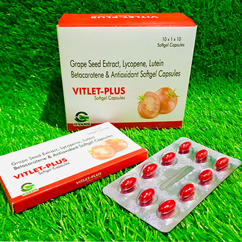 Product Name: Vitlet Plus, Compositions of Vitlet Plus are Grape seed extract, lycopene, lutein, betacarotene & antioxidant - Gvans Biotech Pvt. Ltd