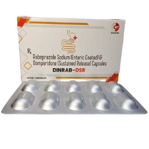 Product Name: DINRAB DSR, Compositions of DINRAB DSR are RABEPRAZOLE 20 MG + DOMEPERIDONE 30 MG SR - Gadin Pharmaceuticals Pvt. Ltd