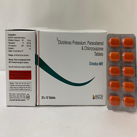 Product Name: DCLODOZ MR, Compositions of DCLODOZ MR are Diclofenac, Potassium, Paracetamol & Chlorzoxazone Tablets - Amzor Healthcare Pvt. Ltd