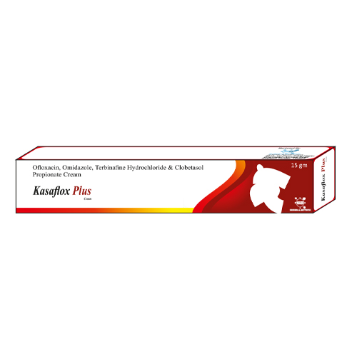 Product Name: Kasaflox Plus, Compositions of Kasaflox Plus are Ofloxacin, Ornidazole, Terbinafine Hydrochloride & Clobetasol Propionate Cream - Sushma Biotech