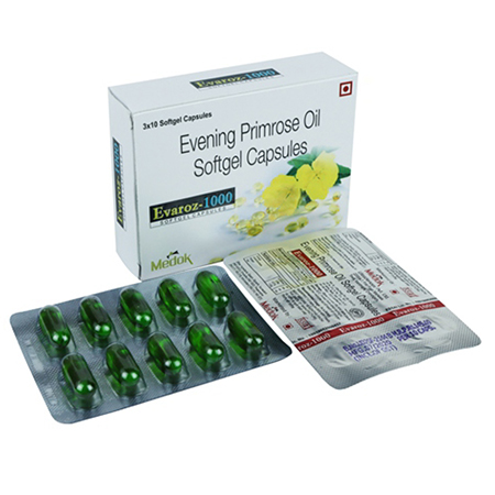 Product Name: Evarox 1000, Compositions of Evarox 1000 are Evening Primrose Oil Softgel Capsules - Medok Life Sciences Pvt. Ltd