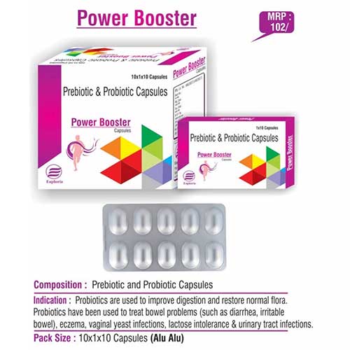 Product Name: Power Booster, Compositions of Power Booster are Prebiotic & Probiotic Capsules - Euphoria India Pharmaceuticals