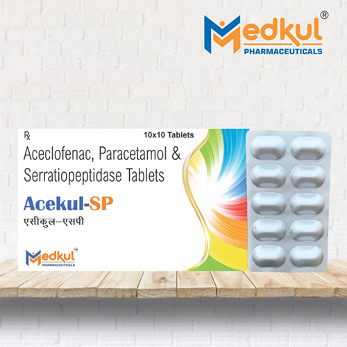 Product Name: Acekul SP, Compositions of Acekul SP are Aceclofenac,Paracetamol  & Serratiopeptidase Tablets - Medkul Pharmaceuticals
