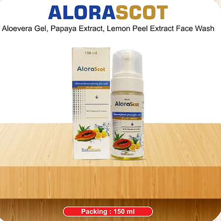 Product Name: Alorascot, Compositions of Alorascot are Aloevera Gel,Papaya Extract,Lemon Peel Extract Face wash - Scothuman Lifesciences