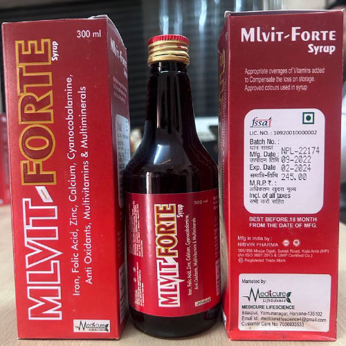 Product Name: Mlvit Forte, Compositions of Mlvit Forte are Iron Folic acid,Zinc,Calcium,Cyanocobalamine,Antioxidants, Multivitamins and Multimineral  - Medicure LifeSciences