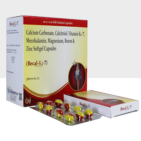 Product Name: BECAL K2 7, Compositions of BECAL K2 7 are Calcitriol Carbonate, Calcitriol, VItamin K2 7, Mecobalamin, Magnesium, Boron & Zinc Softgel Capsules - Mediquest Inc